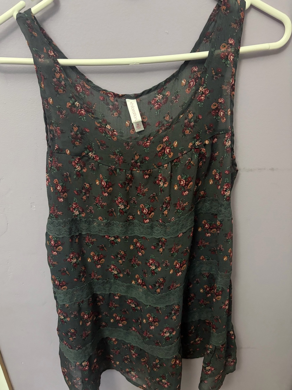 Xhilaration Forest Green Floral Lace-Trim Camisole Size Medium (Juniors)